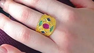 18k Gold Byzantine Ring with Ruby, Emeralds, Sapphires & Diamonds