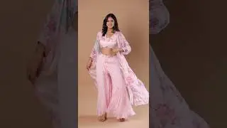 Baby pink printed chinnon Indo-western palazzo set