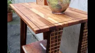 DIY Building a modern hall table (teak and walnut) with inlays.