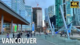 [4K] Downtown Vancouver Walking Tour At Sunset - Burrard St, Canada Place, Coal Harbour Feb, 2023