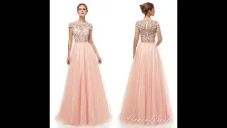 Prom Dress丨A-Line Cap Sleeves Beading Rhinestone Tulle Prom Evening Dress 469DS