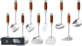 Stainless Steel Kitchen Utensils Set with Wood Handle 18 10 Metal Cooking Utensils