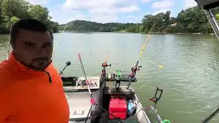 Catching blue catfish on Rigged out Pontoon boat