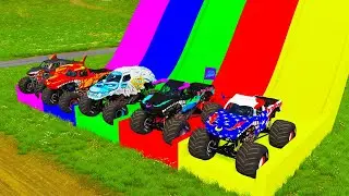 Double Flatbed Trailer Monster Trucks Transport with Slide Color - Cars vs Speed bump - BeamNG #96