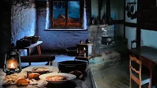 Farm Kitchen w/ Boiling Kettle, Fire Pit & Animals in The Barn, Thunderstorm Outside