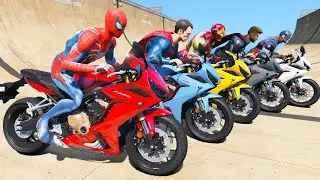 Spiderman Motorcycles with Superheroes - Impossible Mountain Road Ramp Challenge