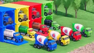 Trucks With COLORS - KAMAZ MIXER TRUCK and MACK TANKER TRUCK with KENWORTH FLATBED TRAILER TRUCK