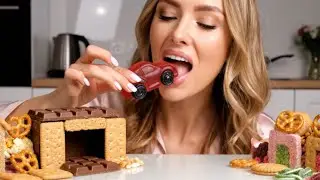 Beautiful blonde savours while eating children's sweet cars! 🚕🚓🚗 Relaxing ASMR AI viral video.