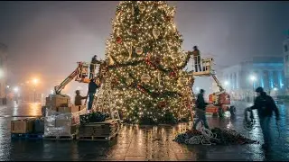 Giant Christmas Tree Installation Timelapse, Santa Flyover, New Year Greeting, 2026
