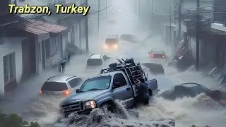 Massive flood on the road due to intense rainfall in the Araklı of Trabzon province, Turkey