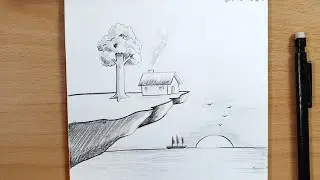 How to Draw an Easy Cliffside House Scene by the Ocean | Step by Step Pencil Landscape for Beginners