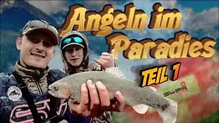 Angeln auf Forelle mit Spoon. Bergsee in der Schweiz Teil1