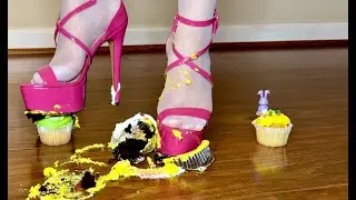 👠🧁 A Messy Easter | Pink Patent High Heels with white stockings CRUSHING cupcakes  | ASMR Squishing