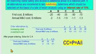 ROR Analysis &ndash; Multiple Alternatives  using CC (Capital Cost= P=A/i)