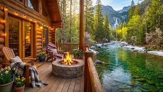 Tranquil Spring Morning Riverside Cabin Porch 🌿🔥 Gentle Fire, Soothing River & Nature Sounds