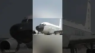 U.S. Air Force RC-135 Rivet Joint reconnaissance aircraft taxis and takes off.