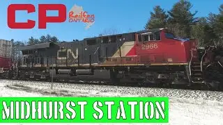 2 trains on a sunny day with CN loco @ Midhurst station on the CP MacTier Subdivision. Jan.14, 2023