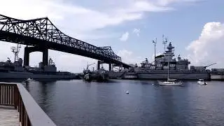 Fall River, MA Boardwalk, boats, the Braga, And the battleship