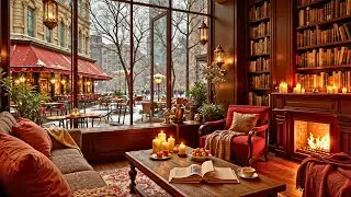 Cozy Winter Jazz Cafe Ambience ☕️ Fireplace Warmth, Snowy Street View & Relaxing Jazz Music
