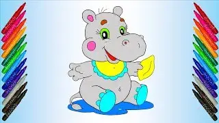 Hippo Coloring Page for Kids to Learn Colors For Kids with Colored Markers Fun and Creative for baby
