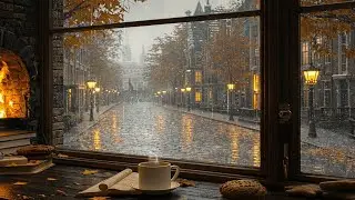 Warm Rainy Autumn Fireplace Caf&eacute; ☕🍁 Soft Jazz Piano & Gentle Rain