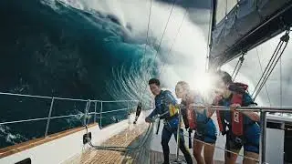 Huge wave hits yacht.