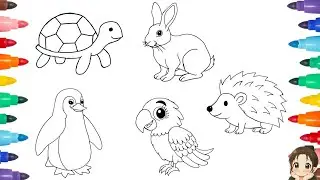 How To Draw Pet Animals for Kids 🐢🐧🦜 Easy Drawing & Coloring 🦔 Draw Farm Animals Step-by-Step
