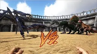Giant Crab VS Allo, Spino, Rex and Therizinosaur! Ark: Survival Evolved