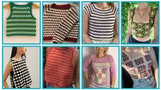 Crochet strip & check Granny's Square vintage style Blouse ( working women)