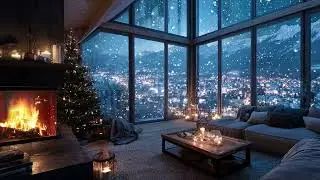 Tranquil Cabin Night Piano Ambience | Soft Snow Storm and Cozy Firelight