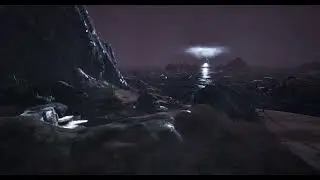 Thunderstorm on a dark night on the ocean shore. Glowing waterfall
