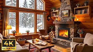 Cozy Winter Cabin Ambience  Heavy Snowfall & Crackling Fireplace  Relaxing Jazz for Sleep & Study