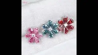 Pink blue yellow flower shape stud silver earring
