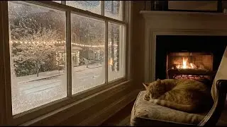 Sleeping Cat by the Fireplace 🐱🔥 Cozy Winter Night Ambience (Snowfall, No Music)