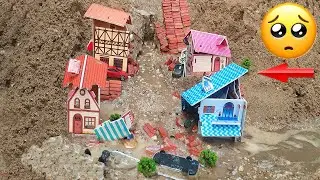 Emergency Drainage , Small Brick Model Dam Break Near Town , Diorama Dam Break