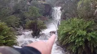 Eurobin Falls and Lady's Bath in full rage with and snow on Mt Buffalo
