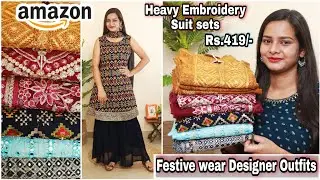 Amazon Kurta Palazzo Dupatta Set Haul | Amazon Festive wear Suit Set | Embroidered Kurti Review