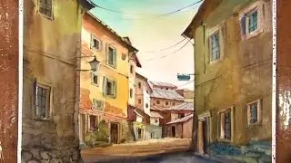 Акварельная живопись уличной сцены: Старая деревня