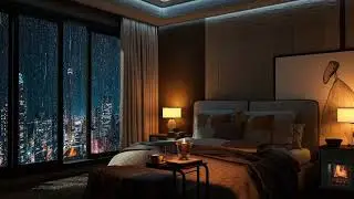Luxurious Toronto Nightscape: High-Rise Apartment View of CN Tower and Virtual Fireplace with Rain