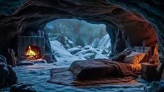Winter Warm Cave Snowy Day ❄️ Fireplace Sound in Cozy Cabin 🔥Gentle wind sound for Deep Sleep