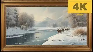4K TV WALLPAPER Serene Winter River and Deer Landscape | Elegant Snowy Fine Art