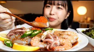giant prawns sea urchin salmon roe sweet shrimp mukbang