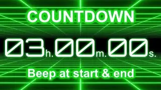 3 Hour Countdown Timer | Start/End Beeps | Neon Green Grid | 4K