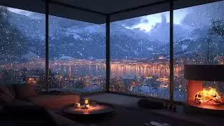 Snowy Winter Night ASMR | Cozy Fireplace, Falling Snow & Peaceful City Lights Outside
