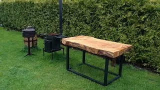 Oak slab table for outdoor use