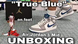 UNBOXING 2023 AIR JORDAN 1 MID &ldquo;TRUE BLUE&rdquo; White lace swap on feet