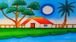 How to Draw Beautiful Village Riverside Scenery Drawing | Easy Nature Art with House, Trees & River