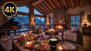 Quiet Piano Music in a Cozy Mountain Chalet | Elegant Dinner, Fireplace Ambience | 4K