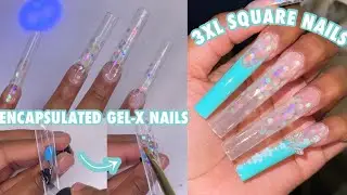 Encapsulated Gel X Nails | 3XL Square Nails | Blue Summer Glitter Nails | Beginner Nails DIY at Home