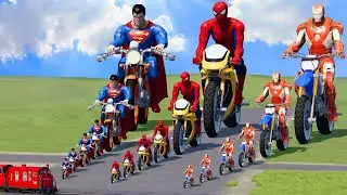 Big & Small: Superman vs Spiderman vs Iron Man on a motorcycle vs Train | BeamNG.Drive